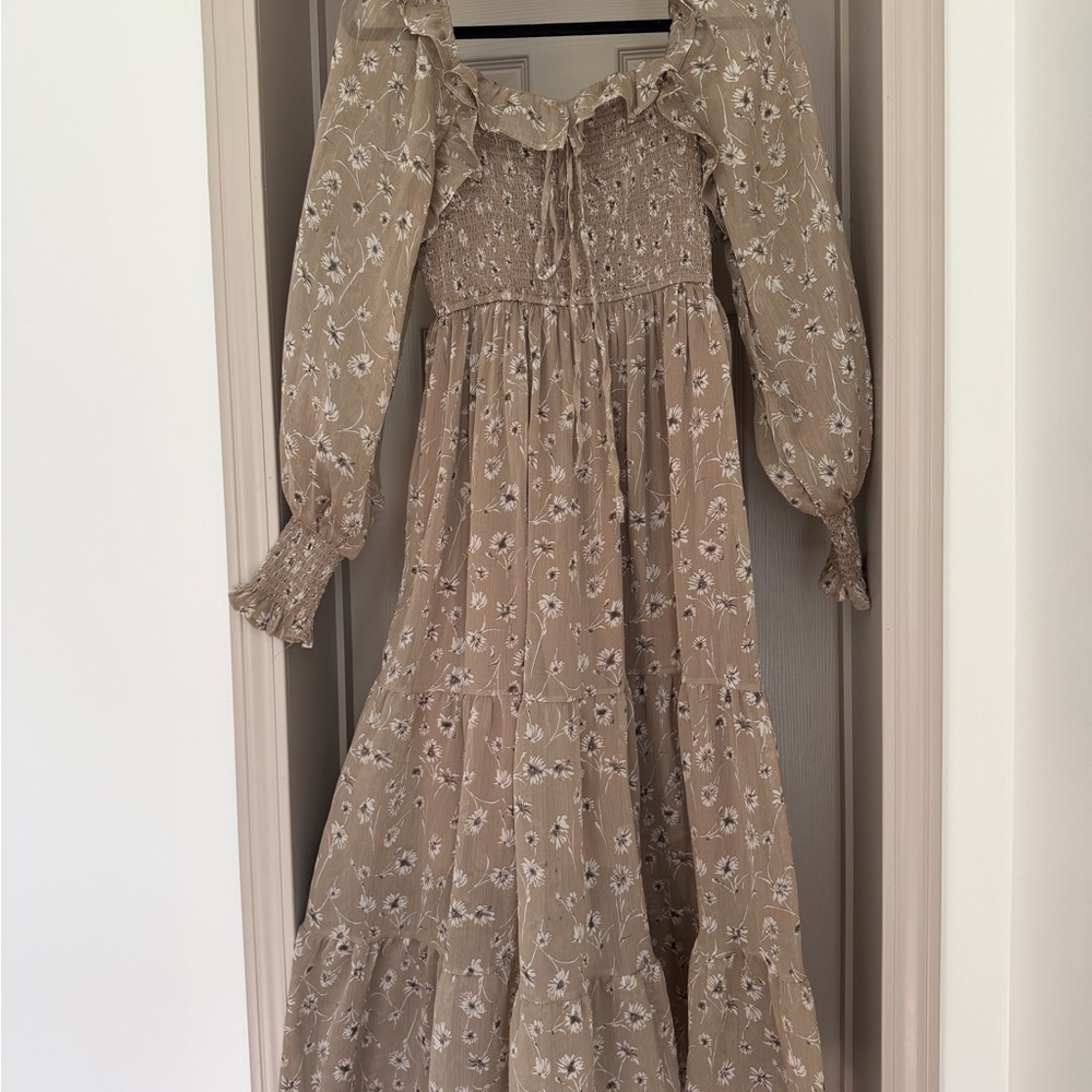 Worth CollectiveFloral Smocked Maxi Dress in Taupe